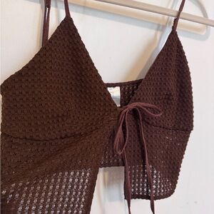Brown Crochet Tie-Front Spaghetti Strap Top